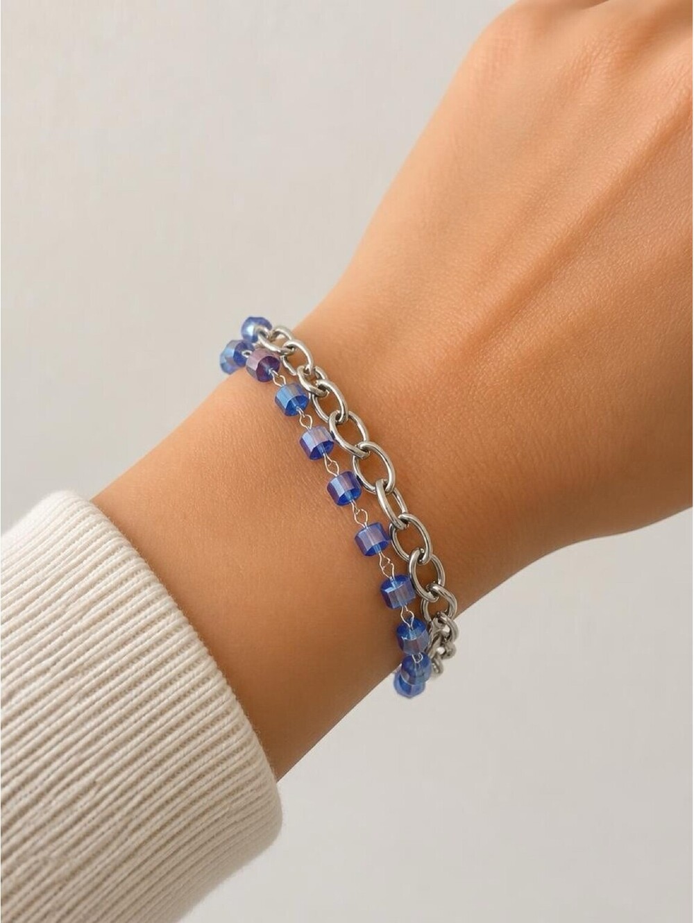 Blue Purple Iridescent Cube Bead Silver Tone Double Strand Bracelet Adjustable
